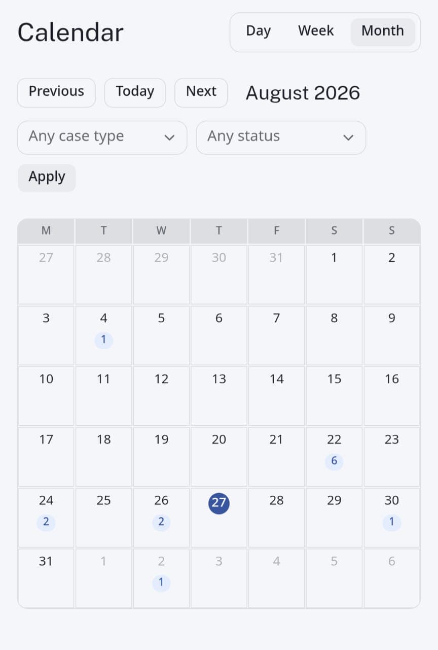 LawNex calendar, showing a month view with hearing counts per day
