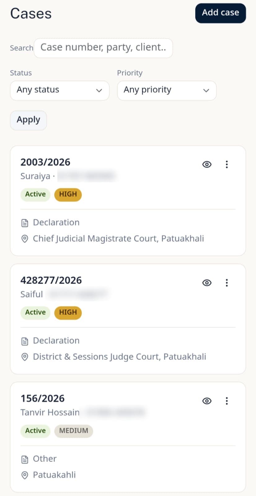 LawNex case list, showing case number, client, status, priority, and court for each case