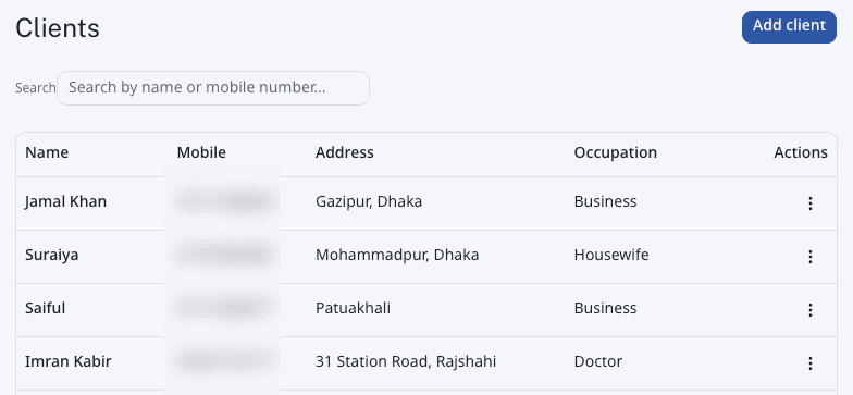 LawNex clients list, showing name, mobile, address, and occupation for each client