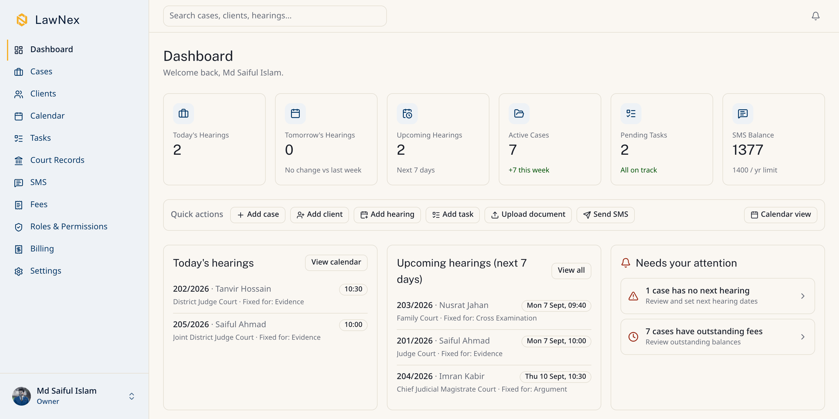 LawNex dashboard, showing today's cases, upcoming hearings, case status, and quick actions
