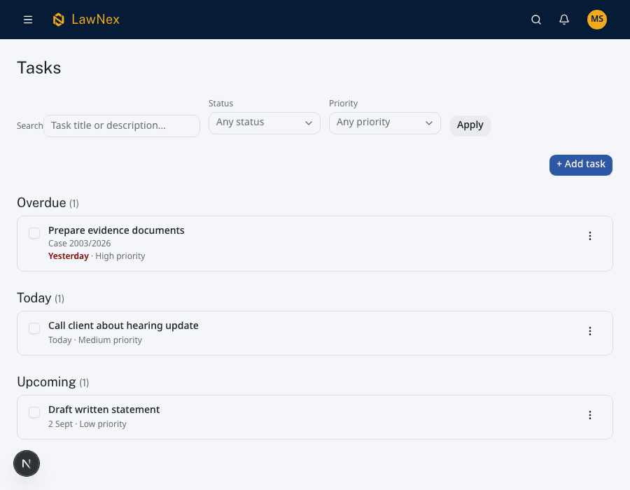 LawNex tasks page, showing overdue, today, and upcoming tasks grouped with due dates and priority
